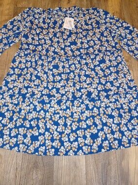 LuLaRoe Blue Floral Midi Dress with White and Tan Blossoms